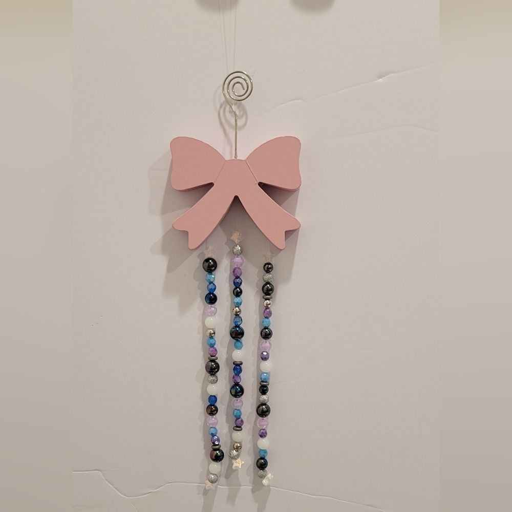Pink Bow Wall Hanging Or Suncatcher with Beaded Strands